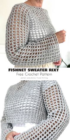 a woman wearing a crochet sweater with the text fishnet sweater knit free croche