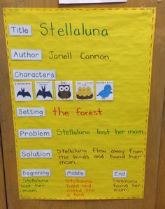 a bulletin board with words and pictures on it that read stellaluna, author janelle cannon, the forest