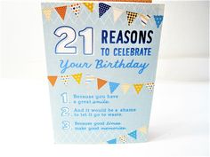 a 21st birthday card with bunting and pennants on the front reads, 21 reasons to celebrate your birthday