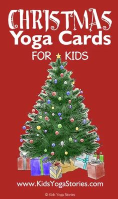 christmas yoga cards for kids with presents around the tree