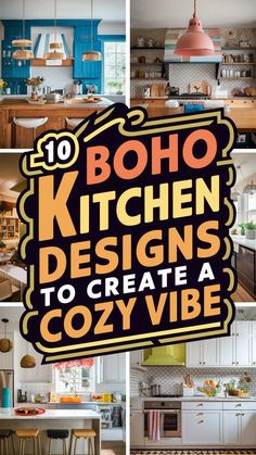 Create a warm, earthy kitchen with these Boho designs. Yellow Boho Kitchen, No Reno Kitchen Makeover, Kitchen Cabinet Color Ideas Boho, Boho Backsplash Kitchen, Boho Kitchen Cabinets, Eclectic Kitchen Bohemian, Bohemian Kitchen Ideas, Colorful Boho Kitchen, Kitchy Kitchens