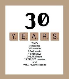 a poster with the words 30 years written in scrabble letters and numbers on it