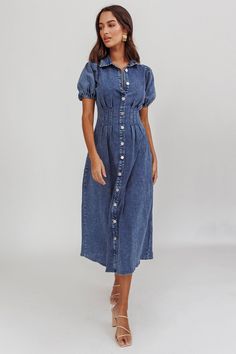 Zurich Pleated Waist Midi Dress Denim Dark Blue by Selfie Leslie Pink Dress Shoes, Selfie Leslie, Brunch Dress, Dress Denim, Iron Material, Chambray Dress, Basic Dress, Comfy Fashion, Puff Sleeves