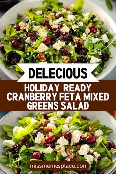 salad with cranberry feta mixed greens and walnuts on top is shown in two separate plates