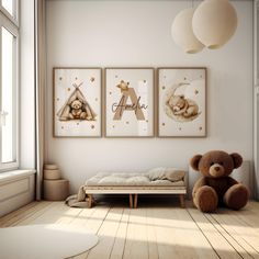 a teddy bear sitting in front of three pictures on the wall