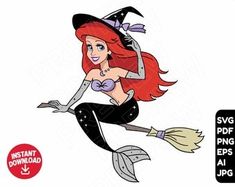 the little mermaid is flying on her broom and wearing a witches hat, with an orange tail