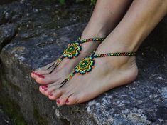 This listing is for a PAIR of beautiful and UNIQUE barefoot sandals handmade in the HUICHOL style. Made of high quality Japanese myuki seed beads and extra strong nylon thread. They make a beautiful combination with the leather sandals (pictures 4,7 and 10) also available in my shop. These sandals are very resistant and suitable for many environments. They will embellish your feet and you can wear it with sandals in a variety of styles from work to casual to evening attire. Beautiful to wear on Bohemian Multicolor Anklets With Colorful Beads, Bohemian Multicolor Beaded Anklets, Bohemian Handmade Anklets For Festivals, Handmade Bohemian Anklets For Festivals, Handmade Multicolor Barefoot Sandals For Vacation, Traditional Beaded Toe Ring Barefoot Sandals, Bohemian Multicolor Anklets For Gifts, Adjustable Multicolor Barefoot Sandals For Festivals, Bohemian Multicolor Anklets As Gift