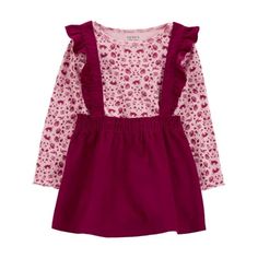 Your little girl has the perfect sunny day look with this 2-piece jumper set from Carters Child of Mine! This 2-piece outfit set includes one top and a Burgundy coordinating jumper! Put on her instant outfit with this complete look for toddler girl! Her top features an eye-catching fox print while the ruffled jumper is made with an elastic waistband to make sure she is comfortable for long days on the go! Get a picture-perfect look for your little girl's sunny day adventures. This set is made wi Toddler Girl Dress, Breathable Clothes, Toddler Girl Outfit, Fox Print, Dressy Dresses, Burgundy Floral, Pink Outfits, Toddler Girl Dresses, Girls Rompers