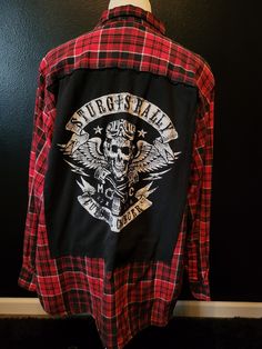 Upcycled Sturgis Motorcycle Rally flannel shirt. This is a handmade item where the patch/ shirt is stitched to the back of the flannel. It is a one of a kind item! SIZE: XLarge (DIMENSIONS ON PICTURES) SMOKE FREE HOME NO HOLES NO STAINS The stitching isn't intended to be perfect .."flawed" and fabulous, because perfect doesn't exist and normal is boring..forever one of a kind! Alter Clothing, Flannel Shirt Refashion, Sturgis Motorcycle Rally, Normal Is Boring, Motorcycle Rallies, Patch Shirt, Patches Shirt, Hippie Clothes, Shirt Refashion