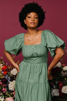 Baltic Born exclusive style! Dusty Green color Cotton material Comfortable relaxed fit Smocked back for a comfortable fit Darling square neckline Classic short puff sleeves with elastic cuffs Functional side pockets Tiered midi skirt Fully lined Self: 100% Cotton Lining: 100% Polyester Trina is 5'6, cup size 32D, size 2 and is wearing size S Sierra is 5’8, cup size 37”, size 6/8 and wearing size M Green Puff Sleeve Dress With Elastic Sleeves, Green Puff Sleeve Dress With Ruched Detail, Green Ruched Puff Sleeve Dress, Spring Square Neck Puff Sleeve Dress In Solid Color, Cotton Puff Sleeve Dress With Square Neck, Square Neck Puff Sleeve Dress For Brunch, Square Neck Puff Sleeve Dress With Elastic Sleeves, Relaxed Fit Puff Sleeve Dress With Gathered Sleeves, Casual Green Puff Sleeve Dress With Square Neck