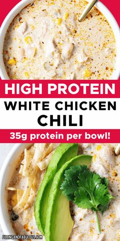 high protein white chicken chili in a bowl with avocado