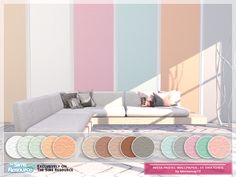 an image of a living room with pastel colors on the walls and couches