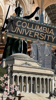 an image of the columbia university sign in front of a building with columns and pillars