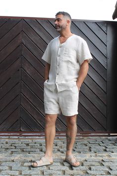 "SIZES & DESCRIPTIONS Linen pajamas for men made in 100% European organic washed linen medium weight .These pajamas are the perfect gift for the person you love. It has a loose and comfortable cut. It is made to order in a traditional and sustainable way . The fabric is washed only with natural stones, without chemical products, to respect the skin and the environment. *You can personalize your pajamas with your initials. This is perfect for a special gift. In the drop-down menu, you will have t Linen Pajamas Men, Men's Vacation Outfits, Men’s Linen Outfit, Linen Shorts Outfit Men, Linen Men Outfit, Linen Clothes Men, Lounge Wear Linen, Linen Outfit Men, Linen Pants Men