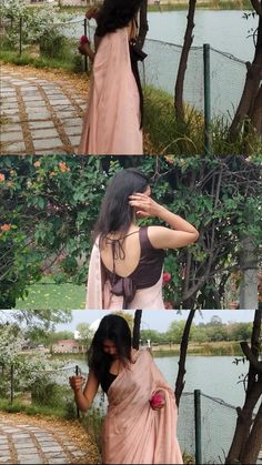 three different pictures of a woman in a pink sari with her hands on her head