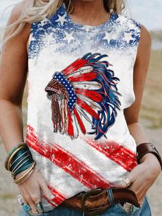 Women's American Flag Indian Headdres Tank Top Funny 4th Of July Shirts, 4th Of July Shirts, Pattern Sleeve, Flag Outfit, Faith Clothing, Vintage American Flag, American Flag Print, Independent Women, Patriotic Shirts