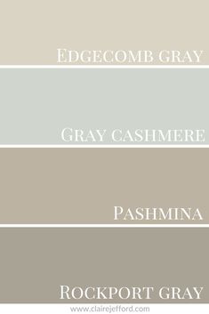 four shades of gray and white paint with the words grey cashmere, pennsylvania, rockport