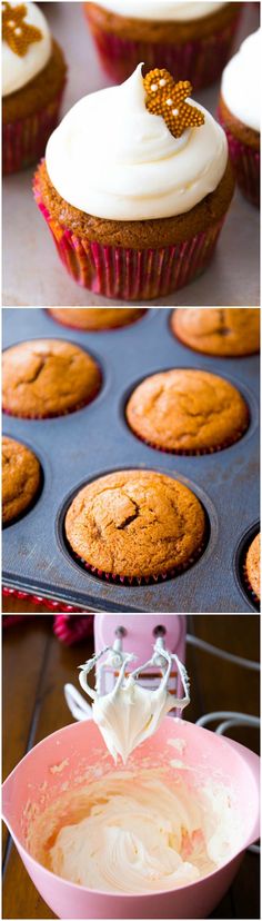 cupcakes with white frosting and gold bow on top are being served in muffin tins