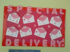 a bulletin board with hearts on it that says special delivery