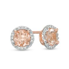 Known as the gemstone of divine love, pink morganite is said to open one to the frequency of the universal heart. She's certain to fall in love with these captivating earrings. Centering each 10K rose gold stud, a 5.0mm round-shaped pink morganite gemstone is bordered by a frame of glittering diamond accents. Polished to a brilliant shine, these post style earrings secure comfortably with friction backs. Fine Jewelry With Halo Design In Morganite, Fine Jewelry Morganite Ring With Halo Design, Morganite Jewelry With Halo Design, Morganite Round Halo Jewelry, Round Morganite Jewelry With Halo Design, Morganite Round Jewelry With Halo Design, Pink Morganite Halo Jewelry, Rose Gold Birthstone Earrings, Rose Gold Round Birthstone Earrings