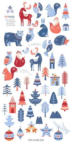 an illustrated poster with different types of trees and animals in blue, red, orange and white