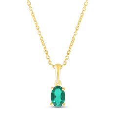 This beautiful necklace features a lively green oval-cut lab-created emerald, perfect for celebrating a May birthday. As many as seven additional pendants can be added to the necklace to represent the ones you love. Styled in 10K yellow gold, the birthstone pendant sways from an 18-inch cable chain that secures with a spring-ring clasp. Yellow Gold Oval May Birthstone Necklace, Oval May Birthstone Necklace, Fine Jewelry Green Oval Pendant Emerald Necklace, Oval Emerald Birthstone Necklace, Green Oval Birthstone Necklaces, Green Oval Pendant Birthstone Necklace, Green Oval Birthstone Necklace, Emerald Birthstone, May Birthday