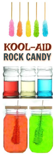 kool - aid rock candy in jars with toothpicks