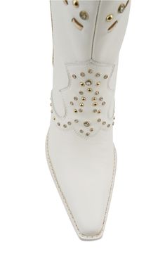 Polished studs and sparkling crystals put a contemporary spin on this stacked-heel Western boot. Leather upper/synthetic lining/leather sole Imported White Leather Boots With Rhinestones, Leather Boots With Rhinestones And Round Toe, Leather Rhinestone Boots With Round Toe, Leather Heeled Boots With Rhinestones And Round Toe, Leather Boots With Rhinestone Rivets And Round Toe, Leather Boots With Silver Studs And Snip Toe, Pointed Toe Leather Boots With Silver Studs, Leather Boots With Silver Studs And Pointed Toe, Silver Studded Leather Boots With Pointed Toe