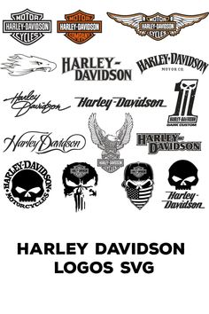 harley logos are shown in black and white, with the words harley davidson on them