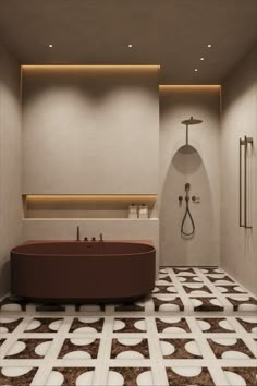 a bathroom with a bathtub, sink and shower head in the center of the room