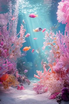 an underwater scene with corals and fish