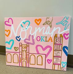 Canvas painting, handmade, college girl, Hearts, norman, sorority girl, preppy, bright colors, dorm art, dorm, college, cute Sorority Canvas Paintings, Retro Paintings, Campus Dorm