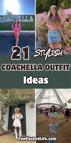 Image showcases 21 stylish Coachella outfit ideas with bold text in modern fonts. Outfits include a vibrant floral mini dress, a denim skirt with a graphic crop top, a boho lace two-piece set with a cowboy hat, and a tie-dye matching set with gold jewelry. The theme emphasizes fun, colorful, and trendy festival styles, perfect for Coachella or similar events. The background features iconic festival scenes, like the Coachella sign, floral accents, and the Ferris wheel. Tie Dye Sets, Coachella Looks, Coachella Outfit, Statement Accessories, Denim Skirts, Boho Lace, Festival Vibes, Lace Dresses, Boots Outfit