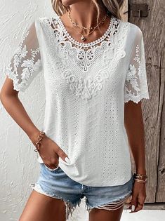 Chemisier Chemise Femme Blanche Plein Dentelle Découpé Manches Longues du quotidien Travail Entreprise Elégant Casual Col V Normal Standard S de 2023 ? € 19.99 White Non-stretch Blouse With Lace Trim, Non-stretch Lace Patchwork Blouse For Summer, Lace Patchwork Tops For Summer, Non-stretch Summer Blouse With Lace Trim, White Lace Trim Blouse, White Non-stretch Lace Trim Top, Casual Non-stretch Lace Top, Summer Lace Crew Neck Top, Summer Lace Tops With Crew Neck