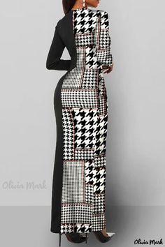 Olivia Mark - Womens Elegant Black Casual Print Patchwork O-Neck One-Step Skirt Dress Black Dresses Online, Fashion Dresses Online, Fashion Design Drawings, Black Women Fashion, Hip Dress, Womens Black Dress, Trending Dresses, Black Casual, Latest Fashion For Women