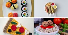 there are many crocheted items on the table to be made into food and decorations