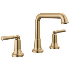 two handle bathroom faucet in brushed brass finish with matching handles and side spray