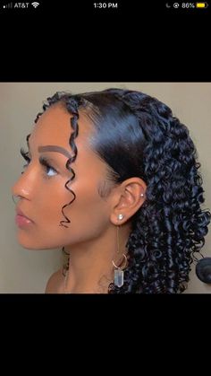 Slick In Front With Curls, Slick Down Curly Hairstyles, Curly Hairstyles With Rhinestones, Black Hair Curls Hairstyles, Prom Hairstyles With Curly Hair, Slick Back Bangs With Curly Hair, Slick Curly Hair Hairstyles Down, Curly Down Hairstyles Black, Cute Curly Hairstyles For Medium Hair Black Women