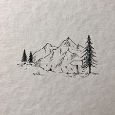 an ink drawing of mountains and trees