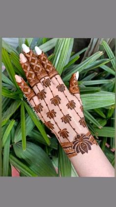 a woman's hand with henna on it and palm leaves in the background