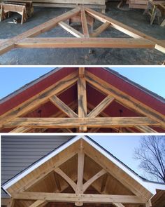 two pictures show the inside and outside of a house with wood framing on it, including an open porch