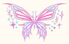 a drawing of a pink butterfly with stars and sparkles on it's wings