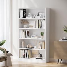 a white bookshelf filled with lots of books