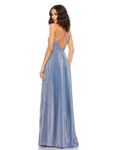 Nothing outshines the lady in this metallic jersey gown sprinkled with brilliant silver glitter. Cut in a swishy A-line silhouette with a mesh inset at the neckline, the flattering pleated gown is perfect for moving, grooving, and making fabulous lasting impressions. Mac Duggal Pleated glitter-flecked jersey fabric (100% polyester) Fully lined through body V-neckline Spaghetti straps Crisscross open back Pleated bodice and cummerbund Bust pads with mesh inset Concealed back zipper Approx. 62.5" Pleated Prom Dress, Robe Fuchsia, Champagne Formal Dresses, V Neck Gown, Plus Size Sequin Dresses, Modest Formal Dresses, Light Blue Prom Dress, Navy Blue Bridesmaid Dresses, Gold Prom Dresses