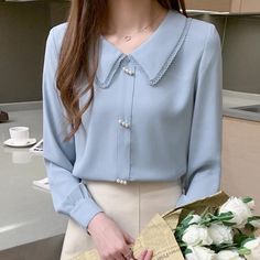 Size: XL, Color: Blue Vintage Baby Girl Clothes, Pan Collar Blouse, Ladies Chiffon Shirts, Elegant Plus Size, Peter Pan Collar Blouse, Blouse Long Sleeve, Autumn Clothes, Chiffon Shirt, Collar Blouse