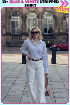 Casual and soft blue and white striped shirt paired with white pants. This relaxed outfit is perfect for running errands or meeting friends for coffee, keeping you stylish and comfortable without trying too hard. Coffee With Friends Outfit, Blue Striped Shirt Outfit