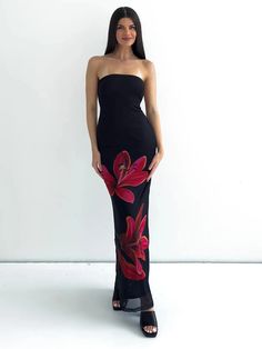 Sleeveless Flower Print Tube Bodycon Midi Dress Backless Lace Up Elegant Sexy Outfit Party Club Floral Print Long Dress, Open Back Maxi Dress, Floral Bodycon, Tube Top Dress, Elegant Maxi Dress, Party Package, Bodycon Floral Dress, Floral Fit, Backless Maxi Dresses