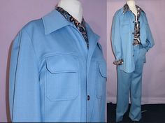 Classic Leisure Suit by Donegal Blue 1960s 1970s Jacket Pants Light Blue Baby Mad Men size 43 44 70s Suit, 1970s Jacket, Pants Light Blue, Heavy Chain, White Belt, White Slip, Knit Shirt