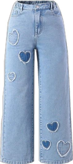 Casual Cotton Jeans With Heart Print, Trendy Heart Print Jeans For Spring, Spring Heart Print Cotton Jeans, Cute Blue Denim Jeans, Cute Light Wash Cotton Jeans, Patches Embroidery, Y2k Casual, Heart Patches, Jeans Y2k