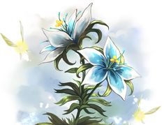 an artistic painting of blue flowers and butterflies